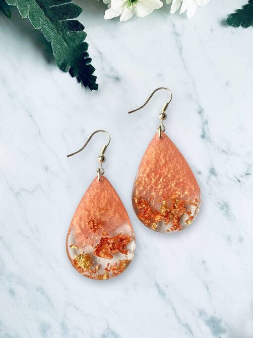 Gold Peach, Resin Tear-Drop Earrings, handmade by Jen Lashua