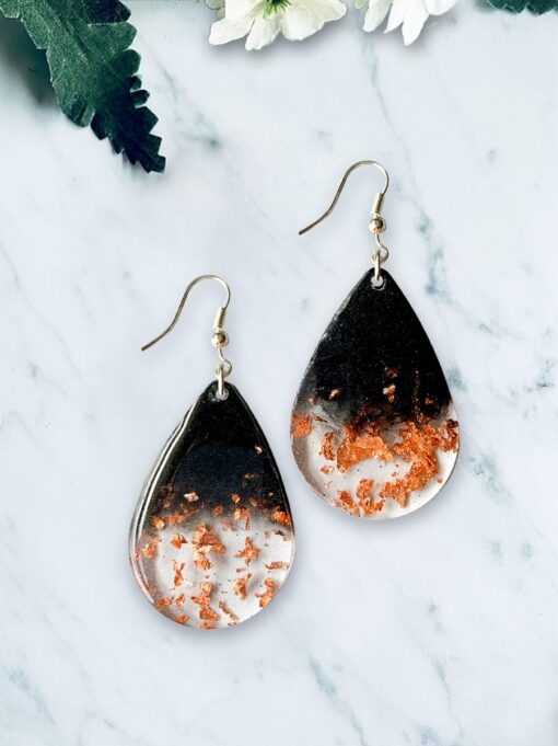 Earrings, black and clear with rose gold. Handmade by Jen Lashua