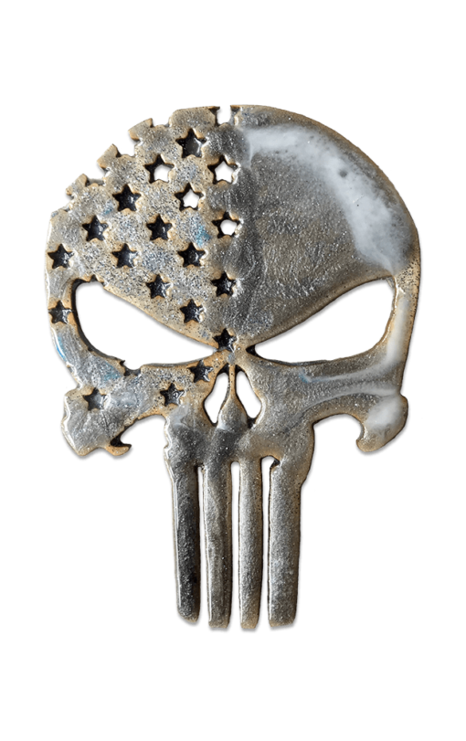 Punisher magnet and ornament, handmade by Jen Lashua