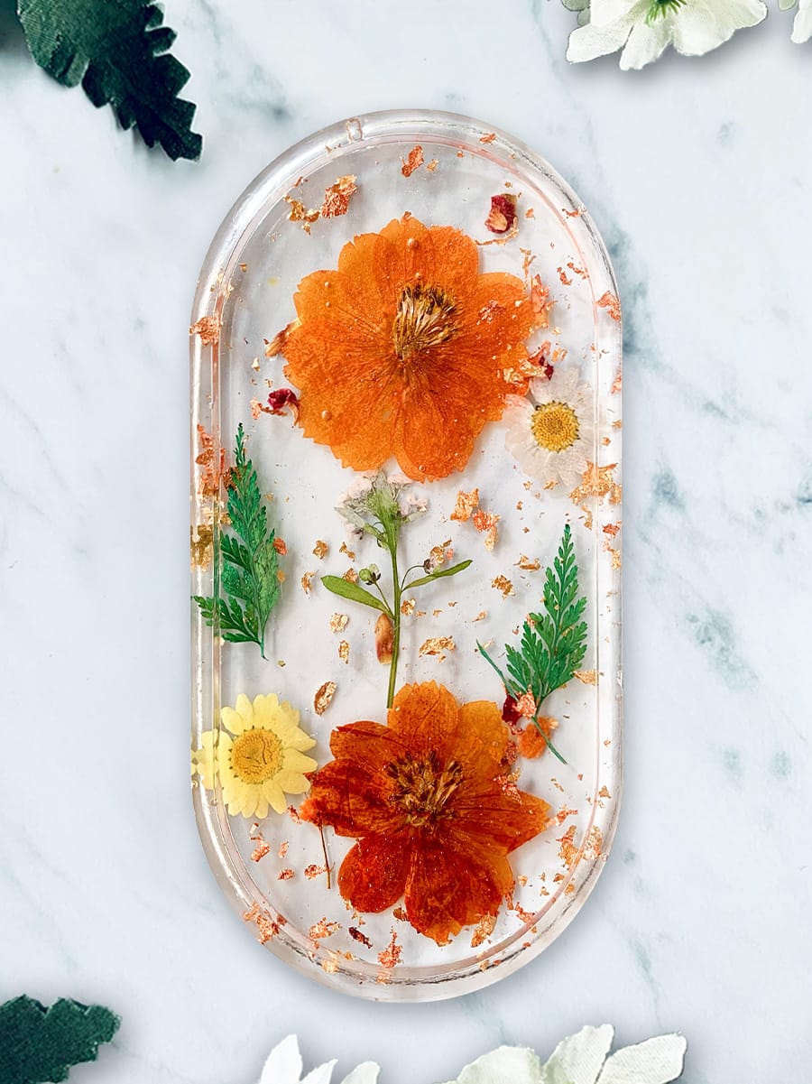 Trinket Dish, Handmade, Clear w/ Orange & Yellow Flowers, Jen Lashua